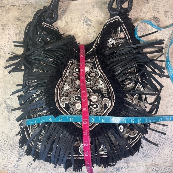 Anthropologie IbBAN LTR Emb. Beaded Fringe Black Linen Bohemian Bag - Picture 13 of 14